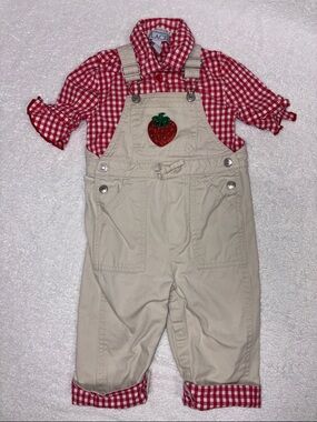 The Children's Place Red Gingham Shirt khaki Overalls - Strawberry Patch 6/9m